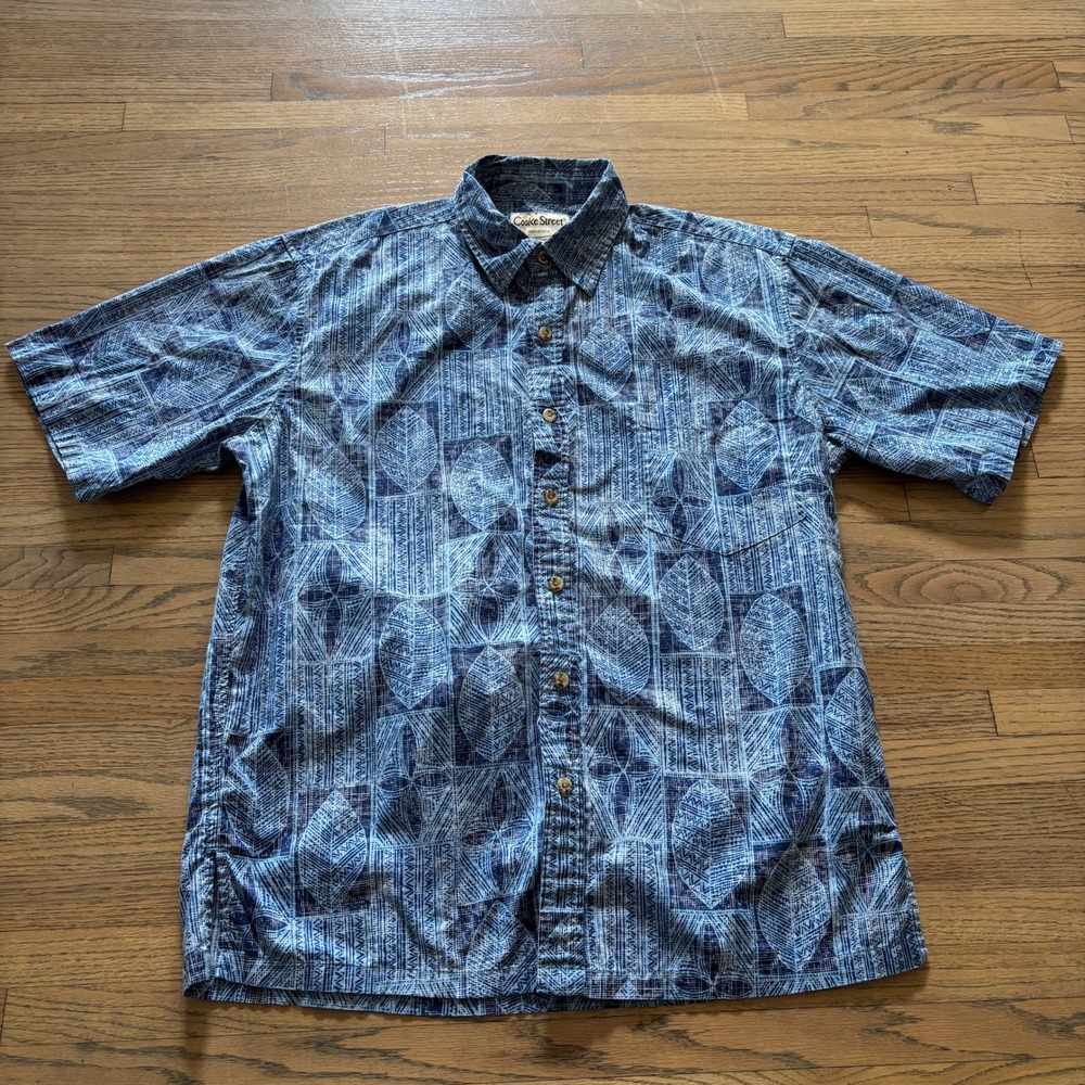 Cooke Street Honolulu Mens Medium Blue Geometric Tribal Aloha Shirt Short Sleeve